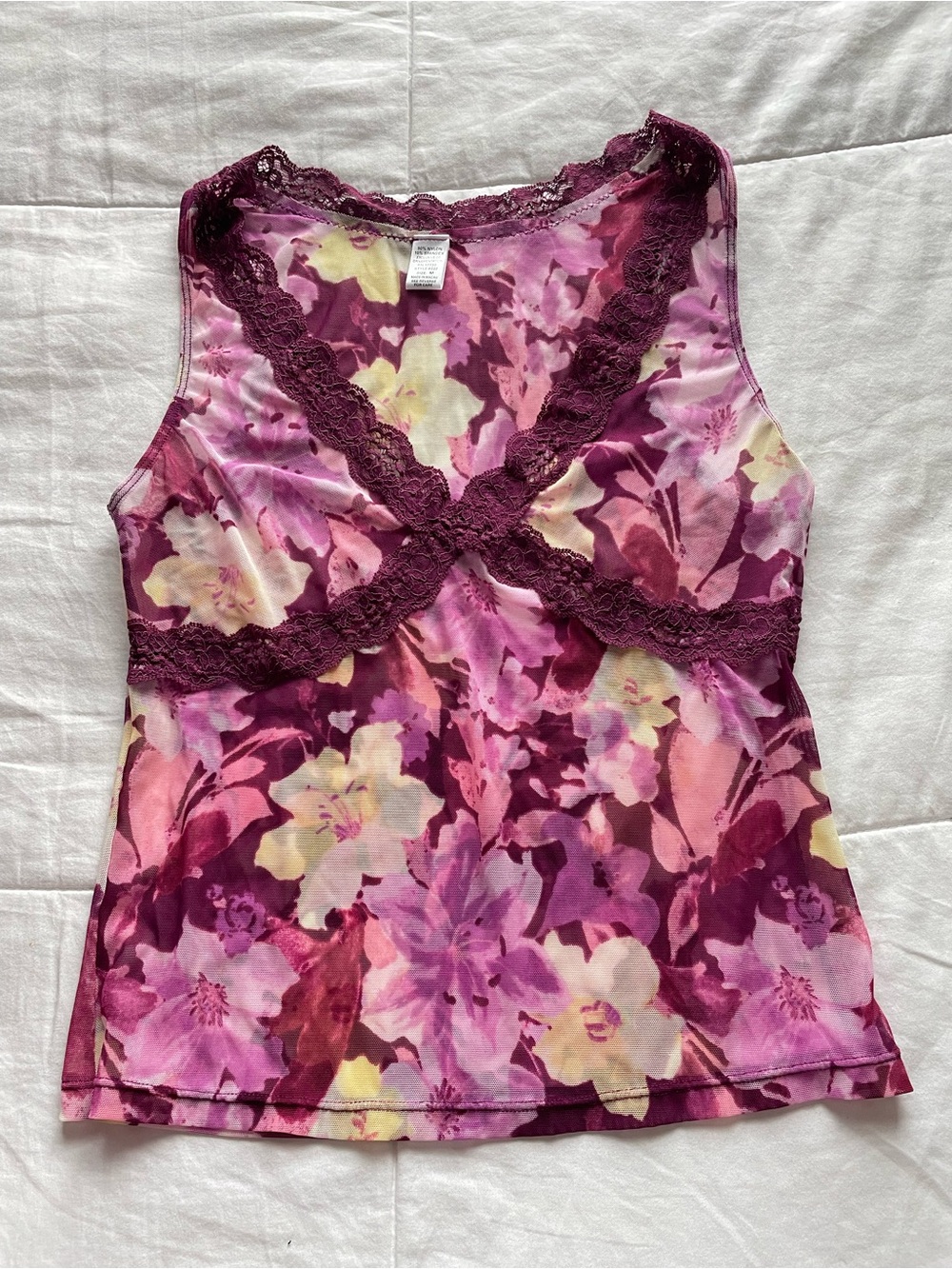 Y2K Purple Floral Sheer Mesh Lace Trim Babydoll Sleeveless Top Medium Fairycore